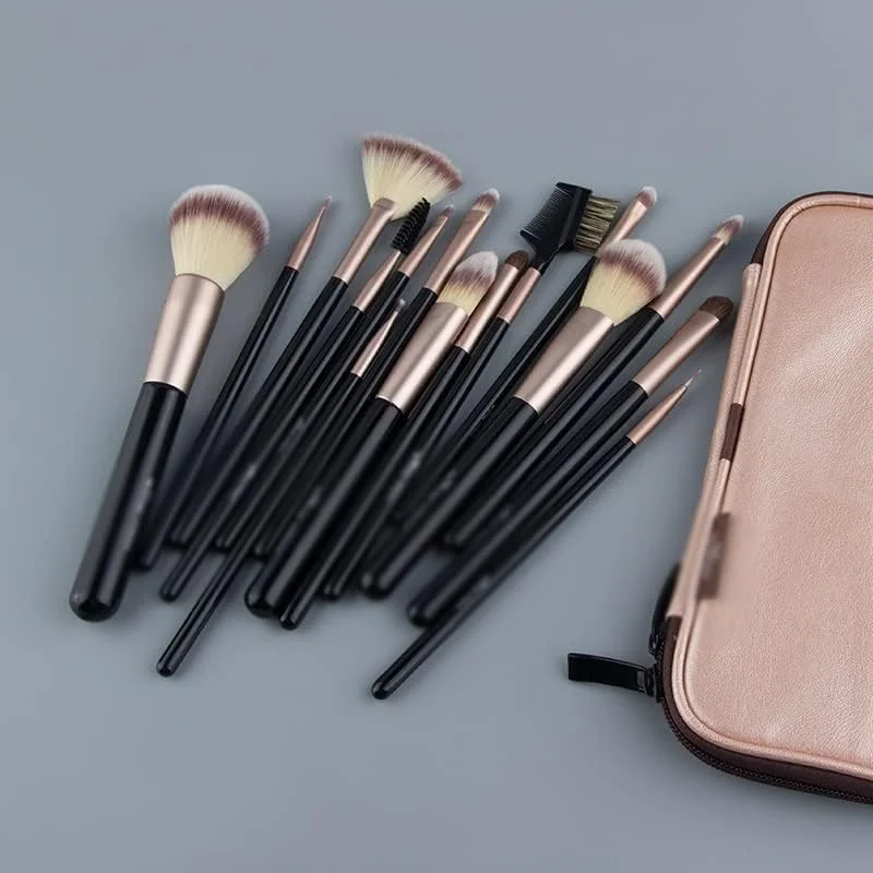 ست 15 عددی برس آرایشی حرفه ای با دسته چوبی مشکی و برس های ست و کیت برای آرایش چشم به همراه کیف رز ست 15 عددی برس آرایشی حرفه ای با دسته چوبی مشکی و برس های ست و کیت برای آرایش چشم به همراه کیف رز