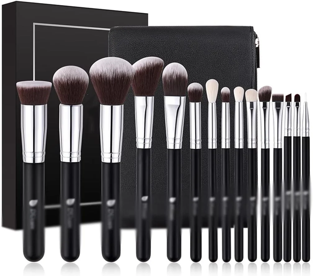 ست برس آرایشی 15 تکه با کیف، شامل برس های کابوکی، کرم پودر، ترکیب کننده، رژگونه، سایه چشم، خط چشم، پودر، ابرو و کانسیلر ست برس آرایشی 15 تکه با کیف، شامل برس های کابوکی، کرم پودر، ترکیب کننده، رژگونه، سایه چشم، خط چشم، پودر، ابرو و کانسیلر