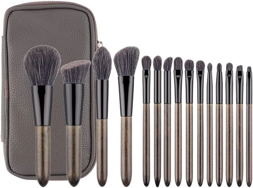ست 15 عددی برس آرایشی با کیف، شامل برس کرم پودر، سایه چشم، ترکیب کننده، ابرو، برس آرایشی چرم PU