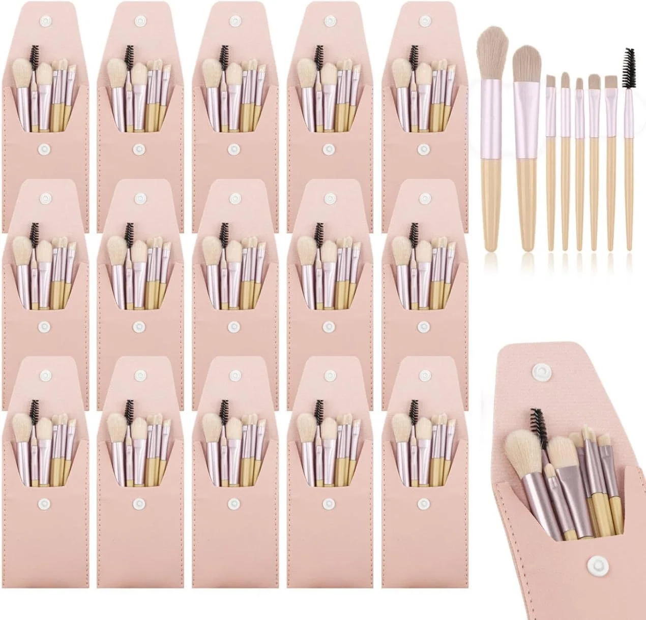 ست 15 عددی برس آرایشی مسافرتی، برس های کوچک آرایش صورت به همراه کیف، مناسب مهمانی ها، عروسی، جشن نامزدی، هدیه ساقدوش عروس و هدیه جشن مجردی (بژ عاجی، 15 تکه)