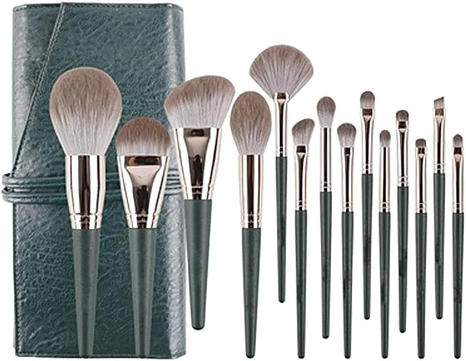 ست 14 عددی برس آرایشی شامل برس کرم پودر، پودر، سایه چشم به همراه کیف نگهداری