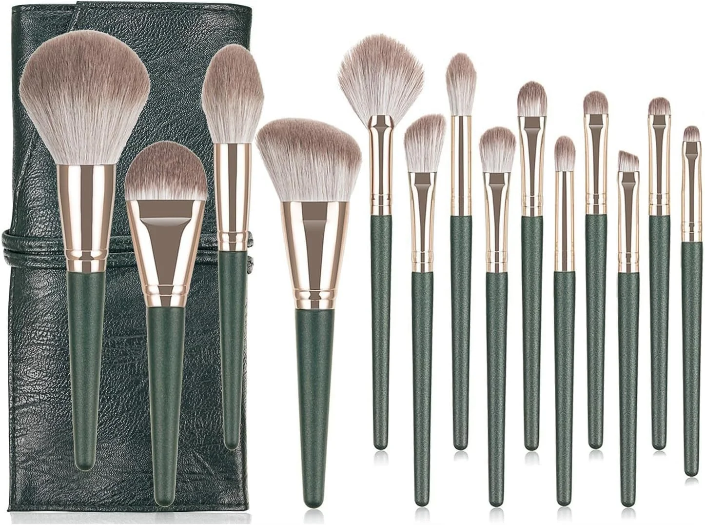 ست 14 عددی برس آرایشی، برس آرایشی رژگونه برای کرم پودر، کانسیلر، سایه چشم، پودر، رژگونه، سایه چشم، برس های آرایشی، پودر ترکیبی، رژگونه، مسافرتی چشم با کیف چرمی PU