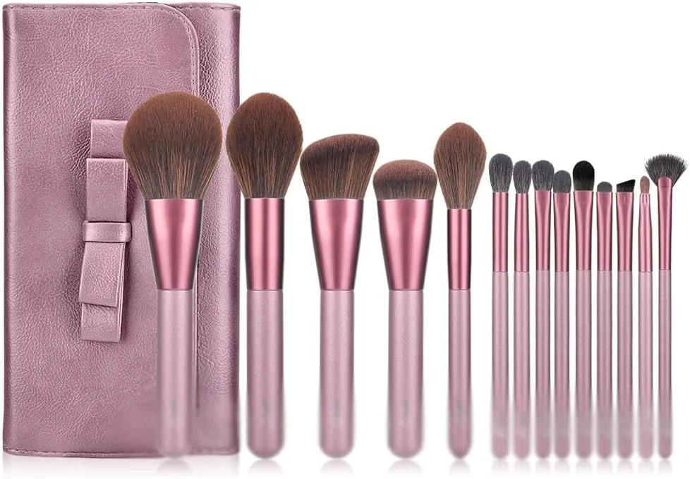 ست 14 عددی برس آرایشی گردو، شامل برس کرم پودر، رژگونه، سایه چشم، کانتور، رژ لب، موی مصنوعی به همراه کیف چرمی PU