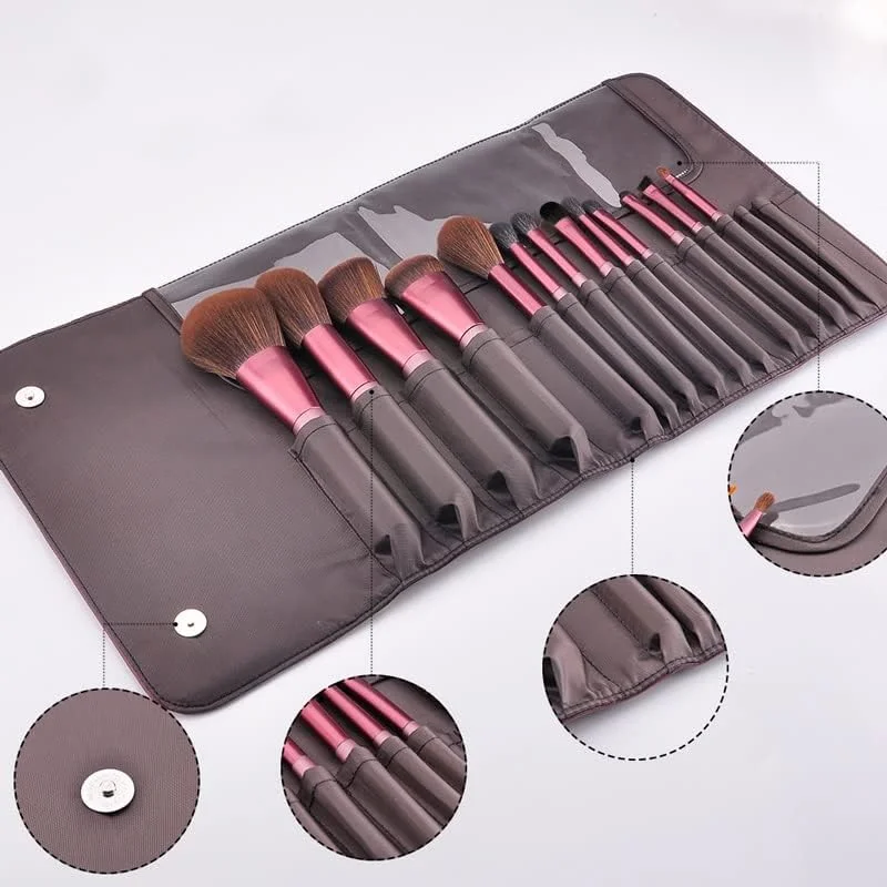 ست 14 عددی برس آرایشی گردو، شامل برس کرم پودر، رژگونه، سایه چشم، کانتور، رژ لب، موی مصنوعی به همراه کیف چرمی PU