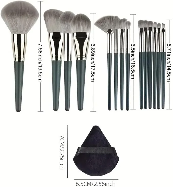 ست 14 عددی برس آرایشی ضد حساسیت با موهای نایلونی برای انواع پوست، دسته ABS - شامل برس های کرم پودر، پودر، رژگونه، سایه چشم، کانتور، کانسیلر و برس پالم با پودر پاف