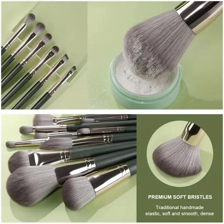 ست 14 عددی برس آرایشی ضد حساسیت با موهای نایلونی برای انواع پوست، دسته ABS - شامل برس های کرم پودر، پودر، رژگونه، سایه چشم، کانتور، کانسیلر و برس پالم با پودر پاف