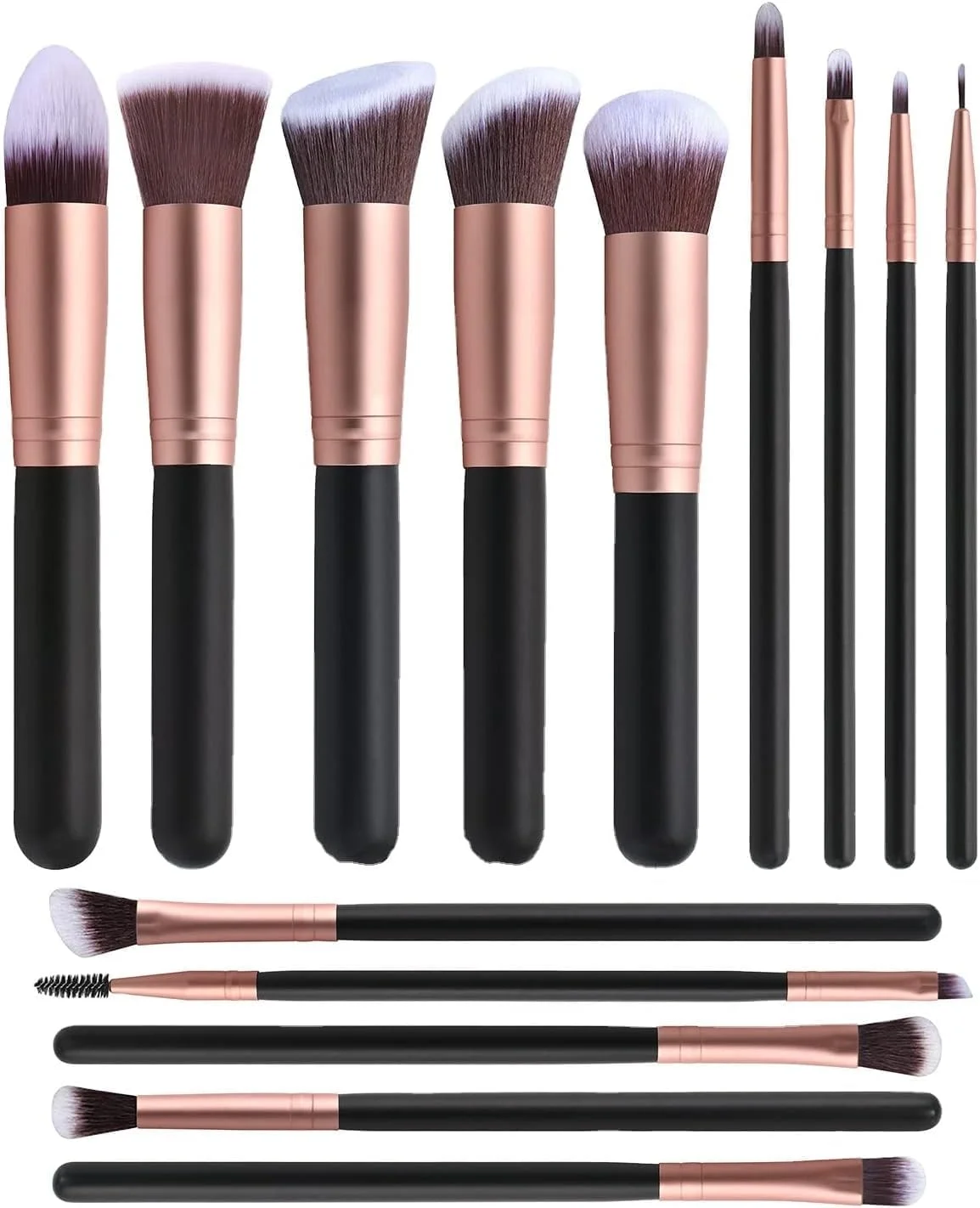 ست ۱۴ عددی برس آرایشی رزگلد - ست برس آرایشی ضروری با برس‌های رژگونه، برنزر، هایلایتر و کانسیلر - ست هدیه زیبایی ایده آل برای لوازم ضروری سفر، ست آرایشی و ترکیب زیبایی