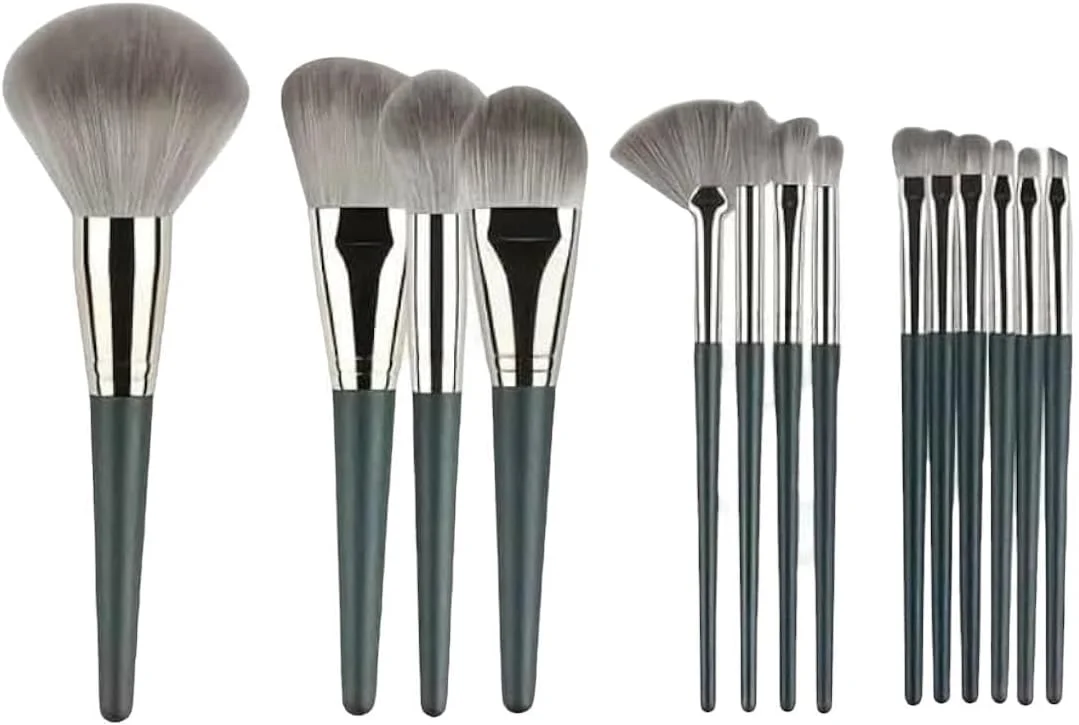 ست ۱۴ عددی برس آرایشی ضد حساسیت با موهای نایلونی برای انواع پوست، دسته ABS - شامل برس های کرم پودر، پودر، رژگونه، سایه چشم، کانتور، کانسیلر و برس پالم با پودر پاف