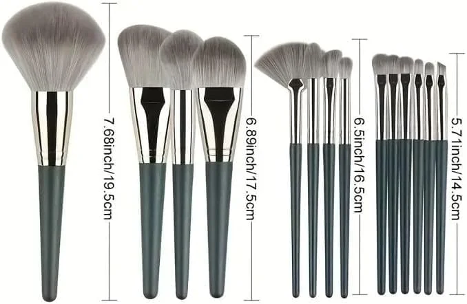 ست ۱۴ عددی برس آرایشی ضد حساسیت با موهای نایلونی برای انواع پوست، دسته ABS - شامل برس های کرم پودر، پودر، رژگونه، سایه چشم، کانتور، کانسیلر و برس پالم با پودر پاف