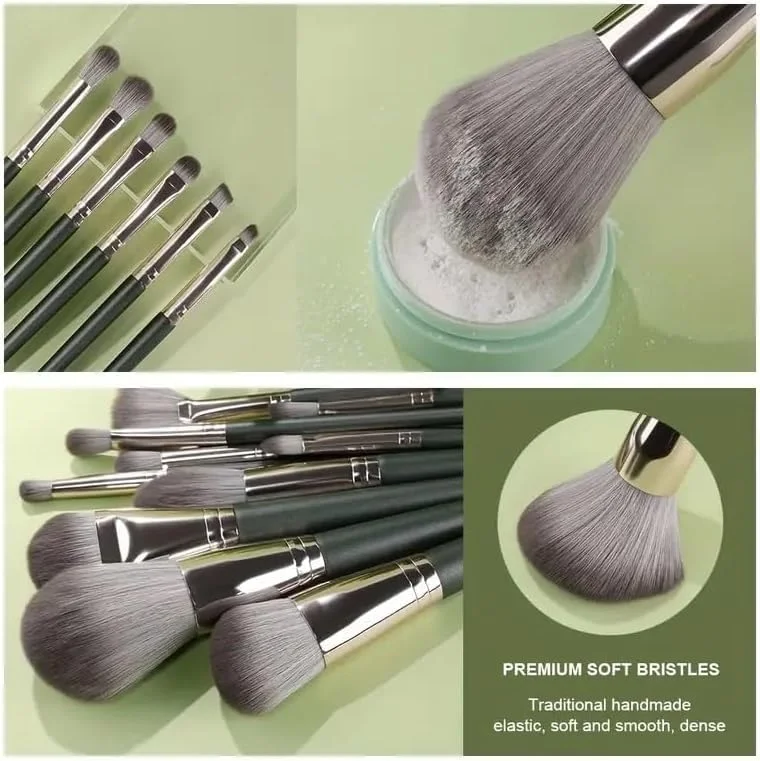 ست ۱۴ عددی برس آرایشی ضد حساسیت با موهای نایلونی برای انواع پوست، دسته ABS - شامل برس های کرم پودر، پودر، رژگونه، سایه چشم، کانتور، کانسیلر و برس پالم با پودر پاف