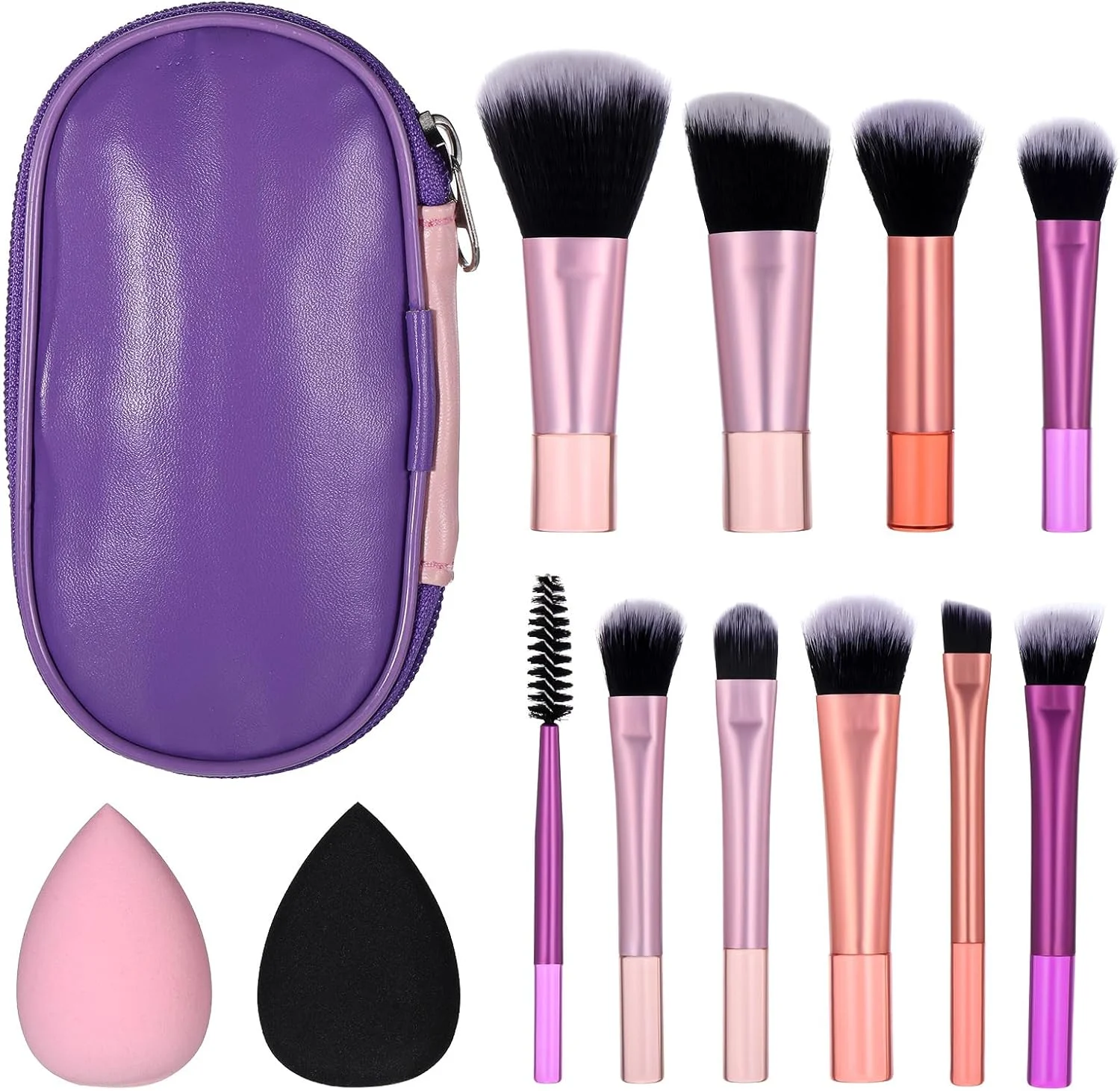ست 14 عددی برس آرایشی مسافرتی مینی، ست کامل و کاربردی برس های آرایشی قابل حمل، برس آرایشی کوتاه کوچک برای سایه چشم، رژ لب، کرم پودر، کانسیلر، لوازم ضروری سفر