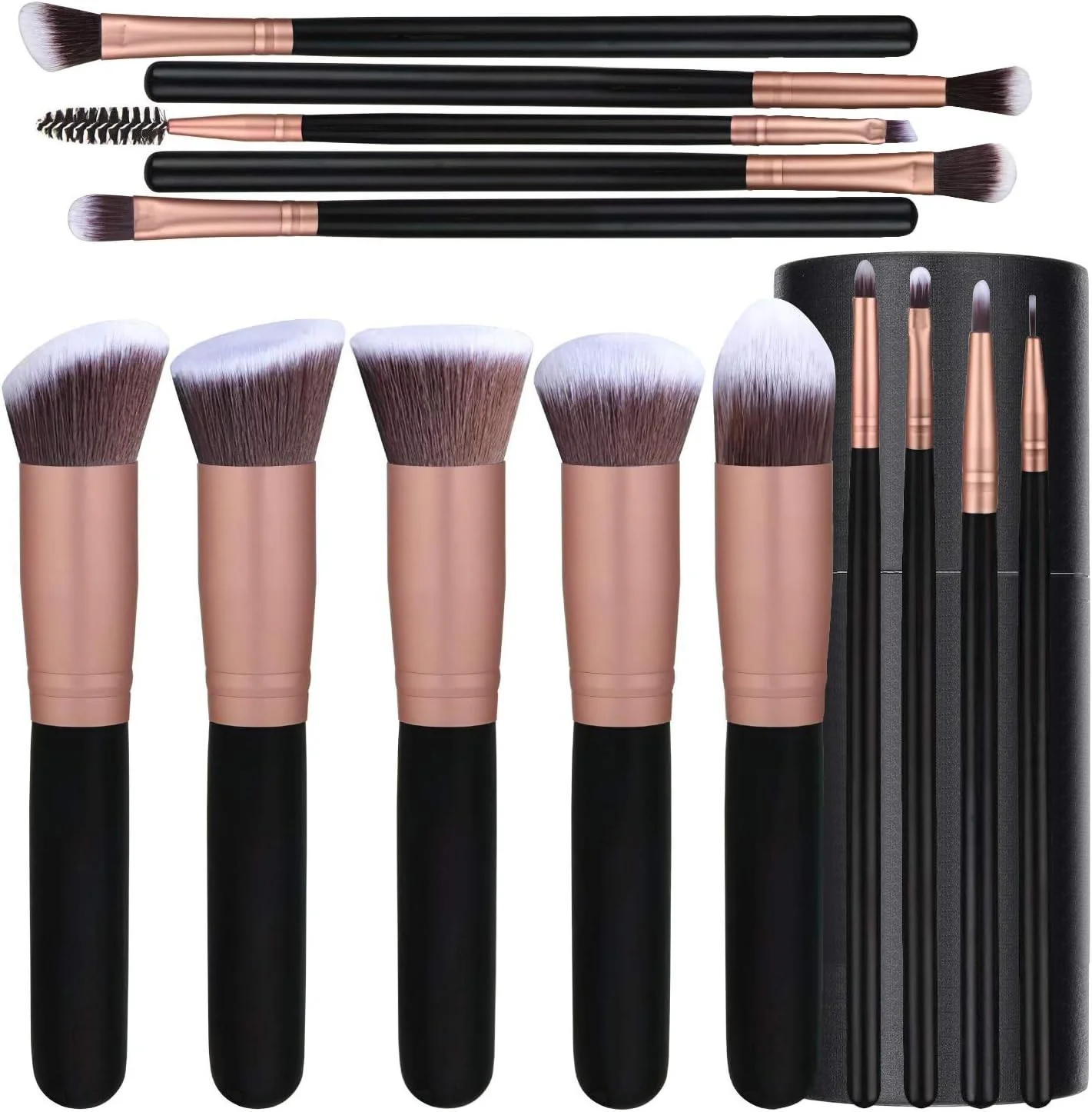 ست 14 عددی برس حرفه ای، پوشش دهنده تمام نیازهای آرایشی شما، ست برس های رزگلد، برس های آرایشی با کیف مشکی شیک، لوازم جانبی و ابزار آرایش، برس کرم پودر.
