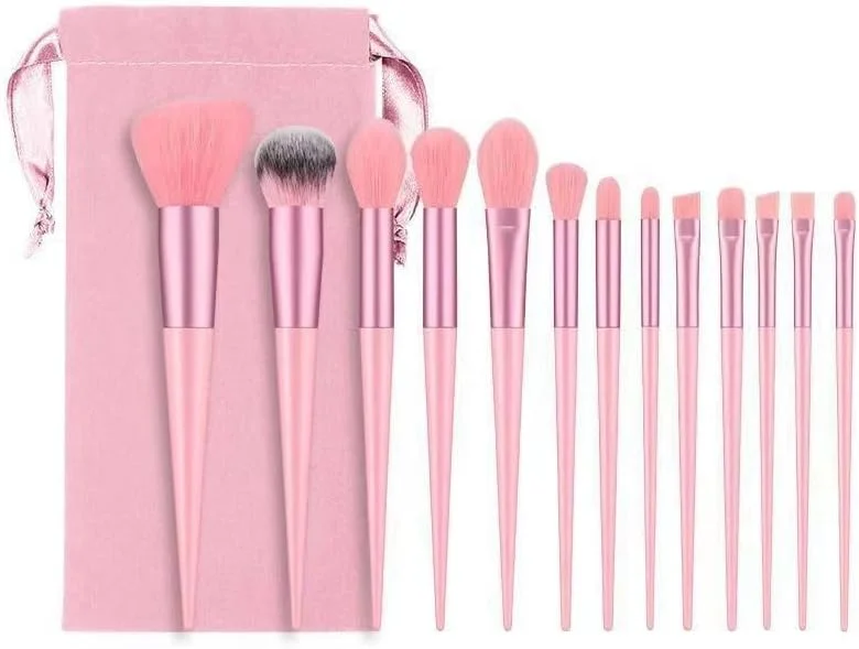 ست ۱۳ عددی برس آرایشی حرفه ای وگان برای صورت و چشم، برس های آرایشی برای پودر، ترکیب، کرم پودر، سایه چشم، کانتور، موهای نرم و متراکم مصنوعی، چوب توس | شامل کیف مسافرتی | صورتی