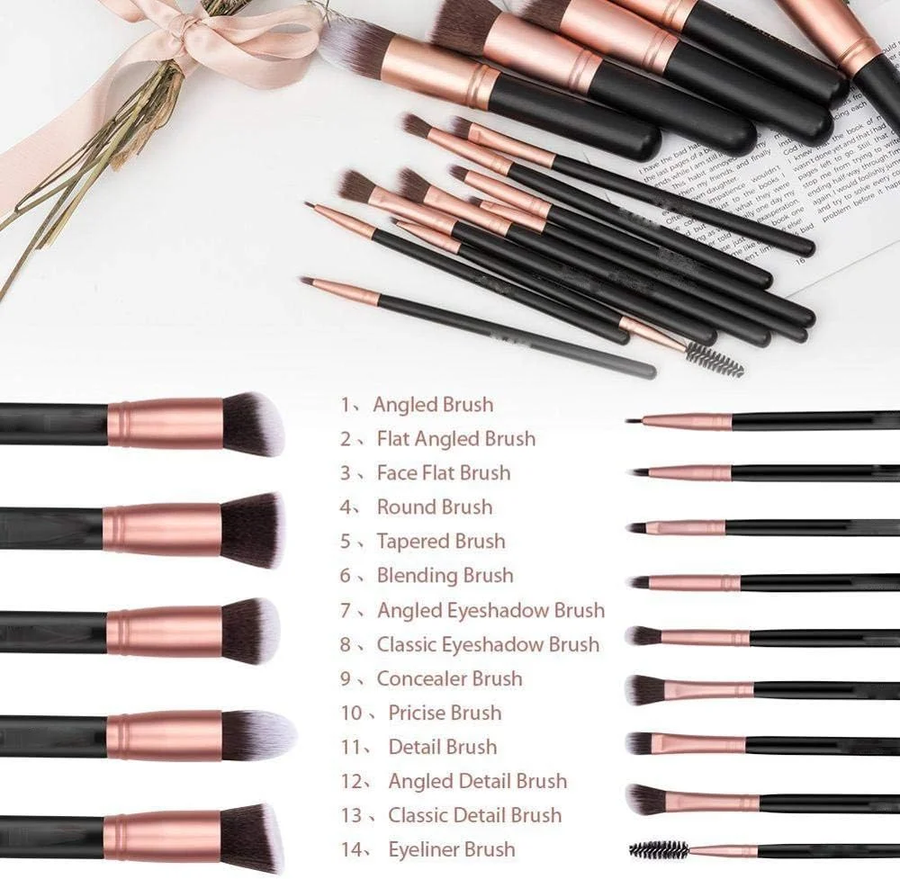 ست 14 عددی برس حرفه ای، پوشش دهنده تمام نیازهای آرایشی شما، ست برس های رزگلد، برس های آرایشی با کیف مشکی شیک، لوازم جانبی و ابزار آرایش، برس کرم پودر. ست 14 عددی برس حرفه ای، پوشش دهنده تمام نیازهای آرایشی شما، ست برس های رزگلد، برس های آرایشی با کیف مشکی شیک، لوازم جانبی و ابزار آرایش، برس کرم پودر.