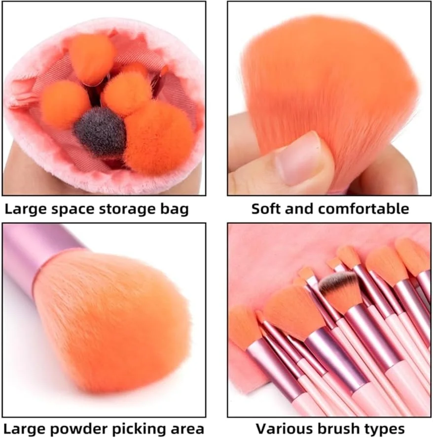 ست ۱۳ عددی برس آرایشی حرفه ای وگان برای صورت و چشم، برس های آرایشی برای پودر، ترکیب، کرم پودر، سایه چشم، کانتور، موهای نرم و متراکم مصنوعی، چوب توس | شامل کیف مسافرتی | صورتی