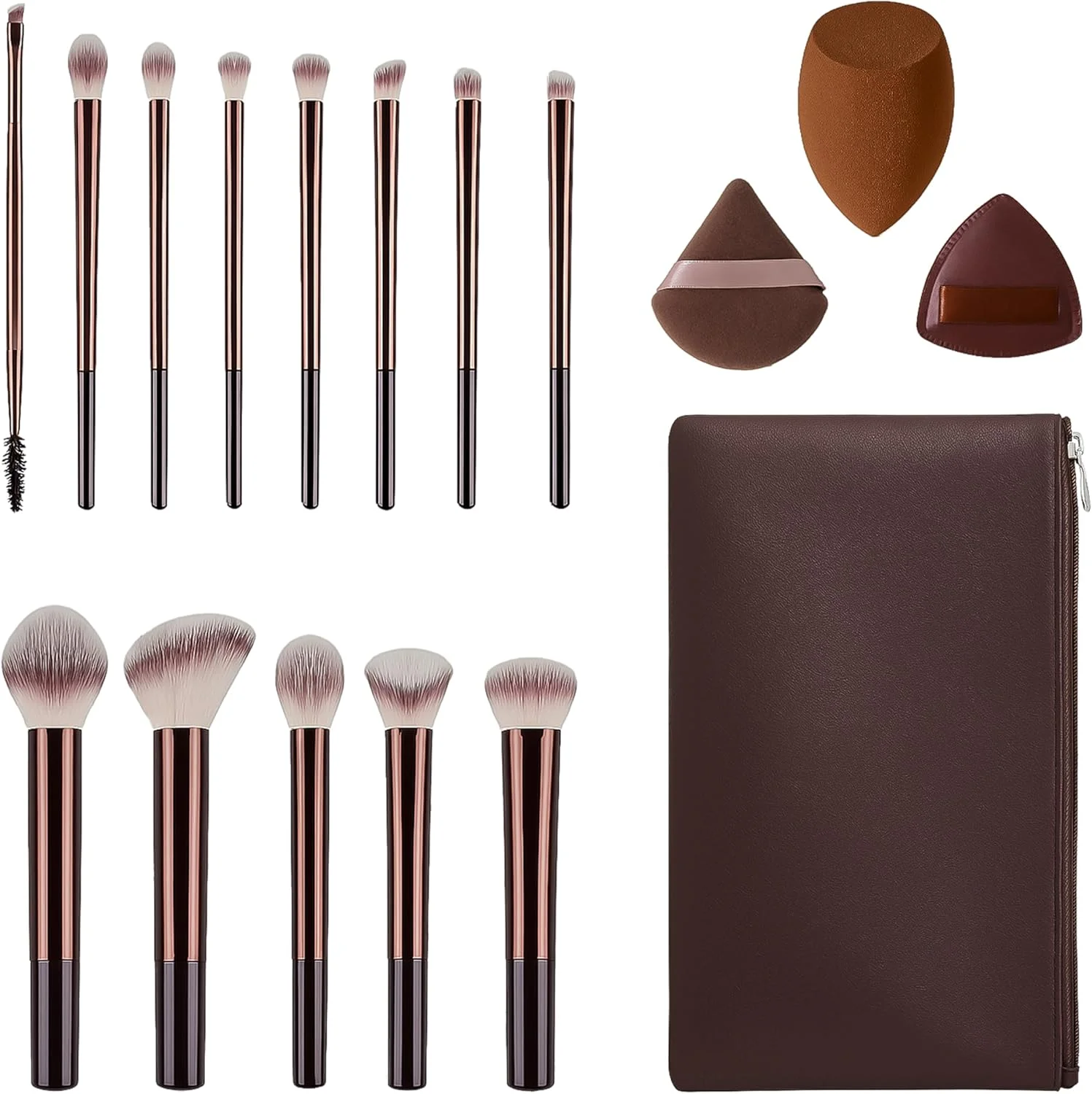 ست برس آرایشی 13 تکه با کیف و 3 اسفنج آرایشی | کیت برس آرایشی حرفه ای برای کرم پودر، پودر، رژگونه، سایه چشم | لوازم ضروری مسافرتی