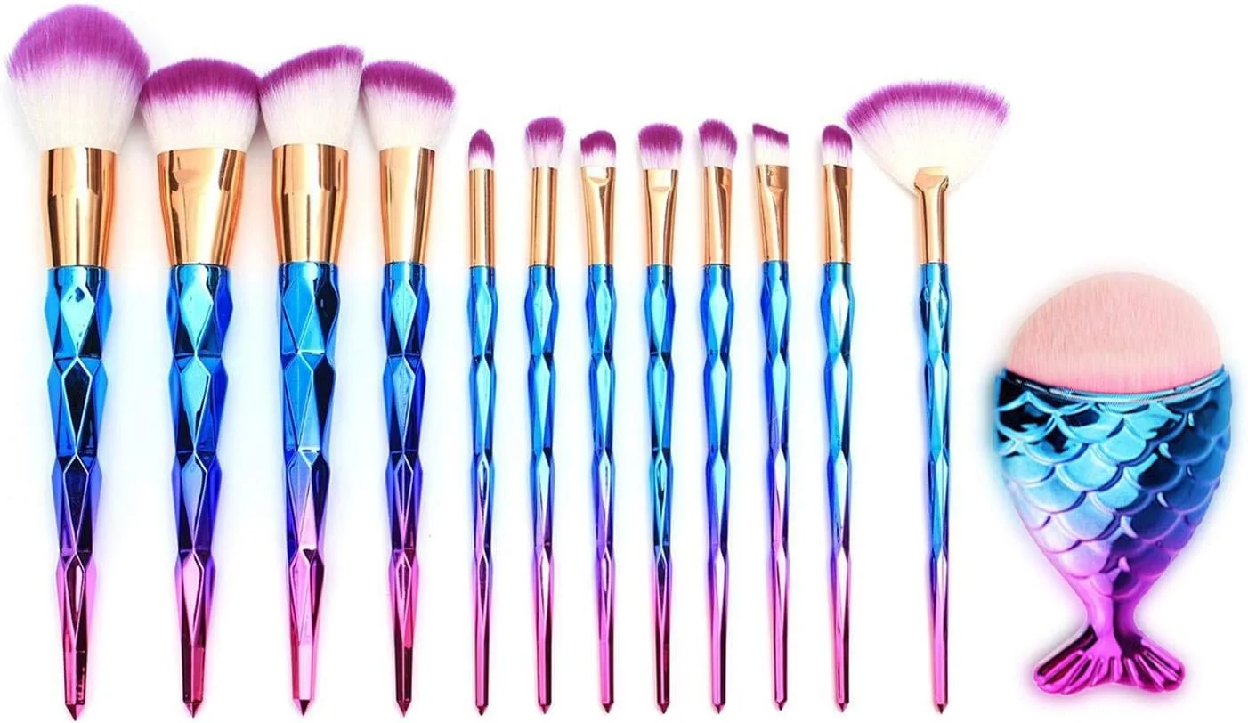 ست برس آرایشی 13 تکه تک شاخ پری دریایی با دسته الماسی رنگین کمانی، شامل برس های کرم پودر، کرم و پودر