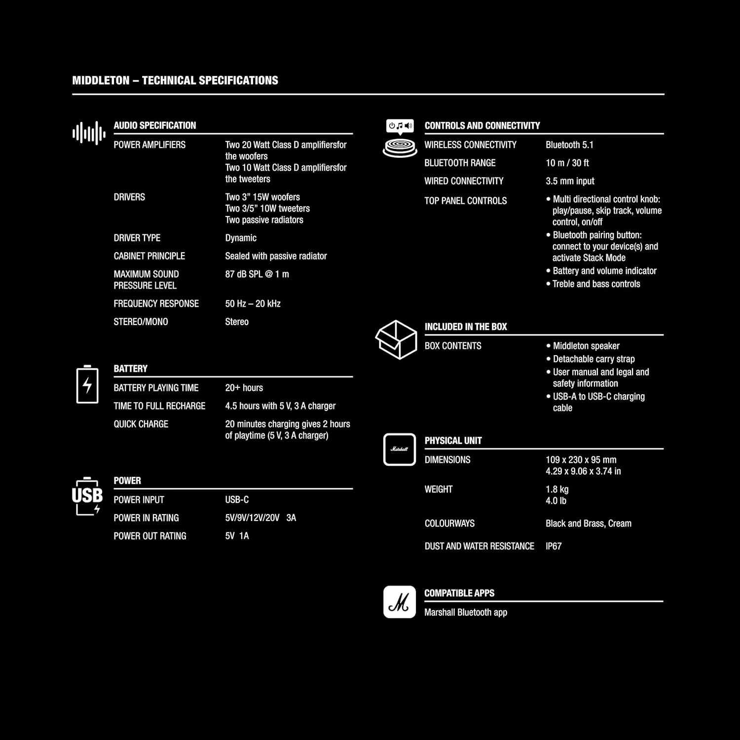 اسپیکر بلوتوثی قابل حمل مارشال میدلتون برای ماجراجویی در فضای باز، 20+ ساعت پخش بی سیم، مقاوم در برابر آب IP67 50W - مشکی و برنجی اسپیکر بلوتوثی قابل حمل مارشال میدلتون برای ماجراجویی در فضای باز، 20+ ساعت پخش بی سیم، مقاوم در برابر آب IP67 50W - مشکی و برنجی