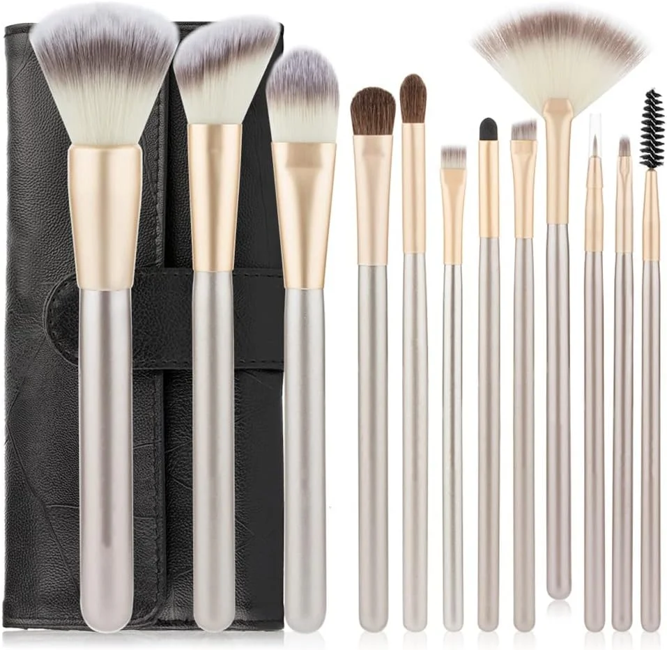 ست 12 عددی برس آرایشی پودر شل بزرگ، سایه چشم براق، کرم پودر، کانتور (رنگ: مشکی، سایز: 12 عدد)