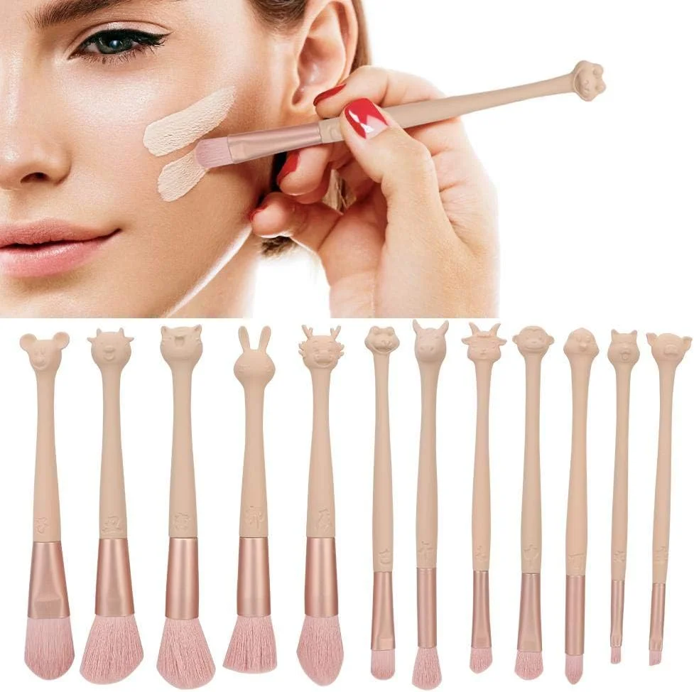 ست برس آرایشی 12 تکه، برس آرایش قابل حمل با دسته حیوانی برای ابرو، سایه چشم، کرم پودر، به همراه کیف نگهداری، جمع و جور و سبک ست برس آرایشی 12 تکه، برس آرایش قابل حمل با دسته حیوانی برای ابرو، سایه چشم، کرم پودر، به همراه کیف نگهداری، جمع و جور و سبک