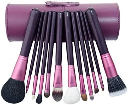 ست 12 عددی برس آرایشی حرفه ای با کیف نگهدارنده چرمی / بنفش