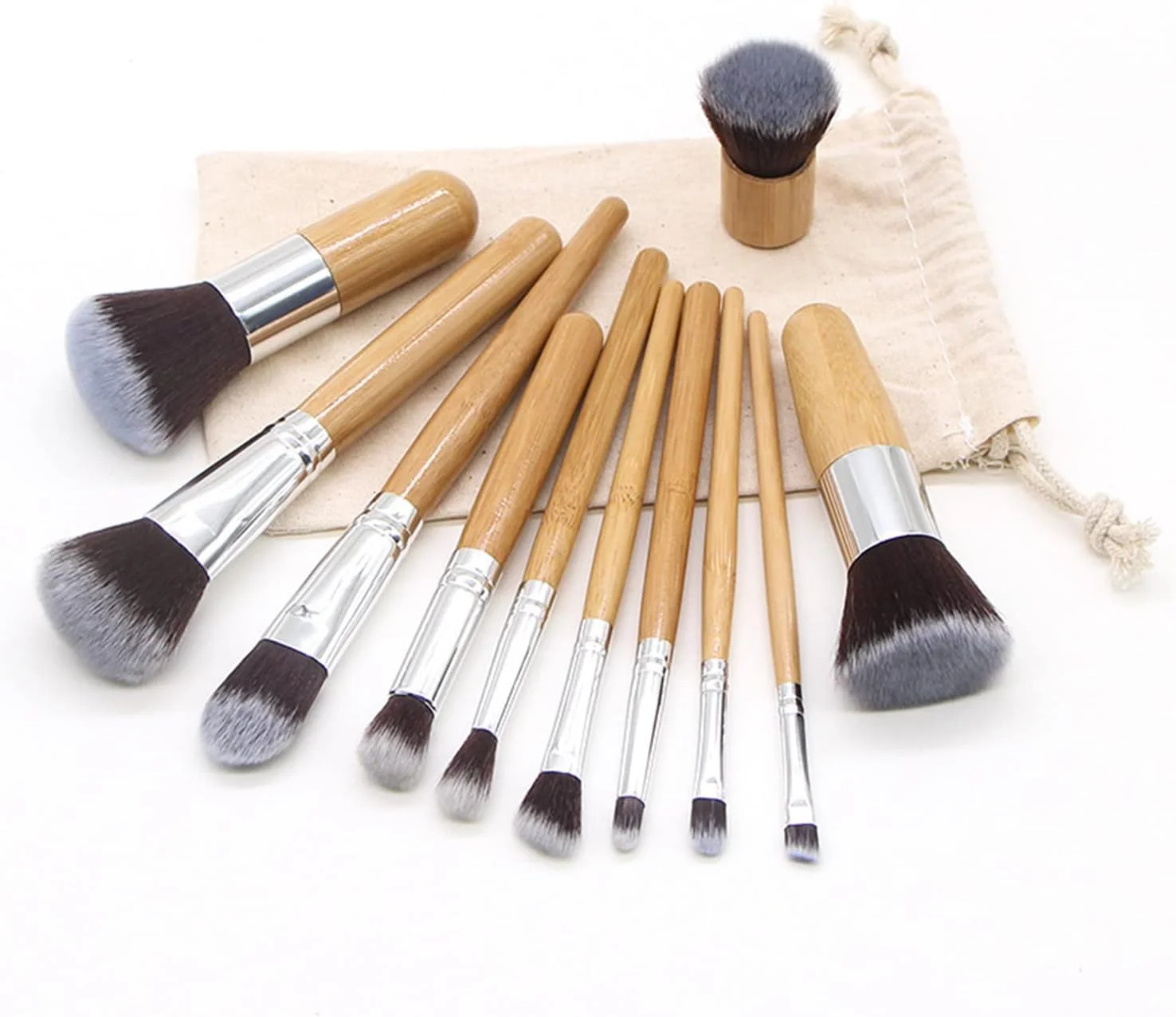 ست 11 عددی برس آرایشی، برس کرم پودر، برس رژگونه، ابزار برس آرایشی حرفه ای، مناسب برای انواع ابزارهای مورد نیاز آرایش، شامل کیف پارچه ای، آسان برای نگهداری