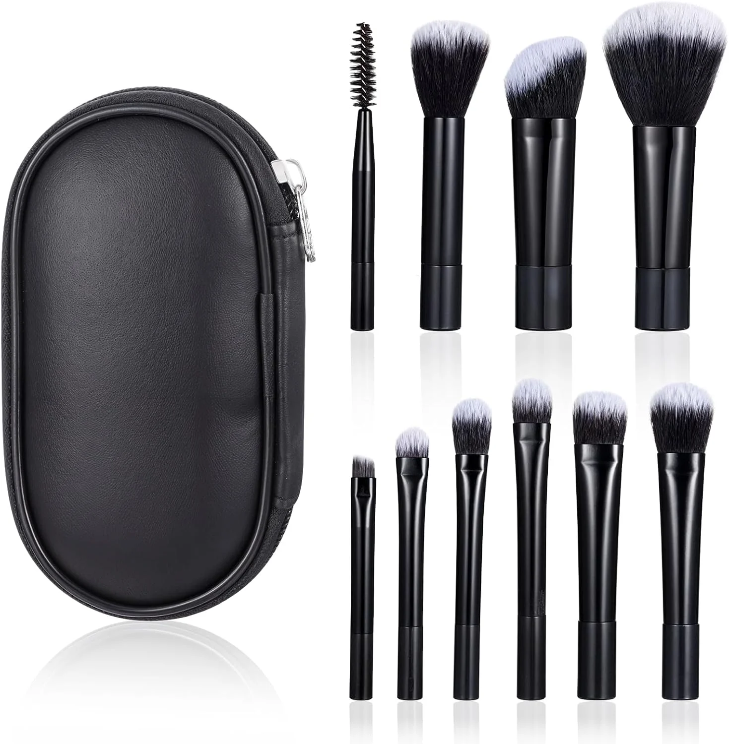 ست برس آرایشی مسافرتی 10 عددی مشکی مینی، برس های آرایشی قابل حمل با کیف برس آرایشی، کیت برس های کامل آرایشی برای برس کرم پودر، رژگونه، پودر و سایه چشم