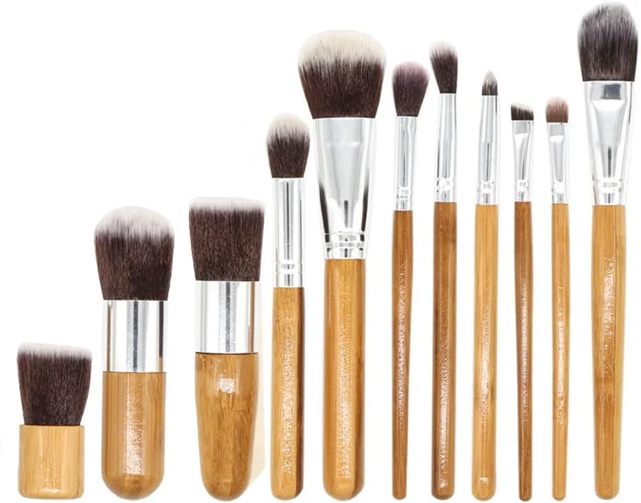 ست 11 عددی برس آرایشی نرم و مصنوعی با کیفیت عالی با دسته بامبو، کیت برس آرایشی حرفه ای برای صورت، سایه چشم، خط چشم، کرم پودر، رژگونه، پودر، کرم مایع
