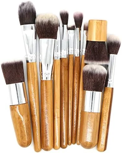 ست 11 عددی برس آرایشی نرم و مصنوعی با کیفیت عالی با دسته بامبو، کیت برس آرایشی حرفه ای برای صورت، سایه چشم، خط چشم، کرم پودر، رژگونه، پودر، کرم مایع