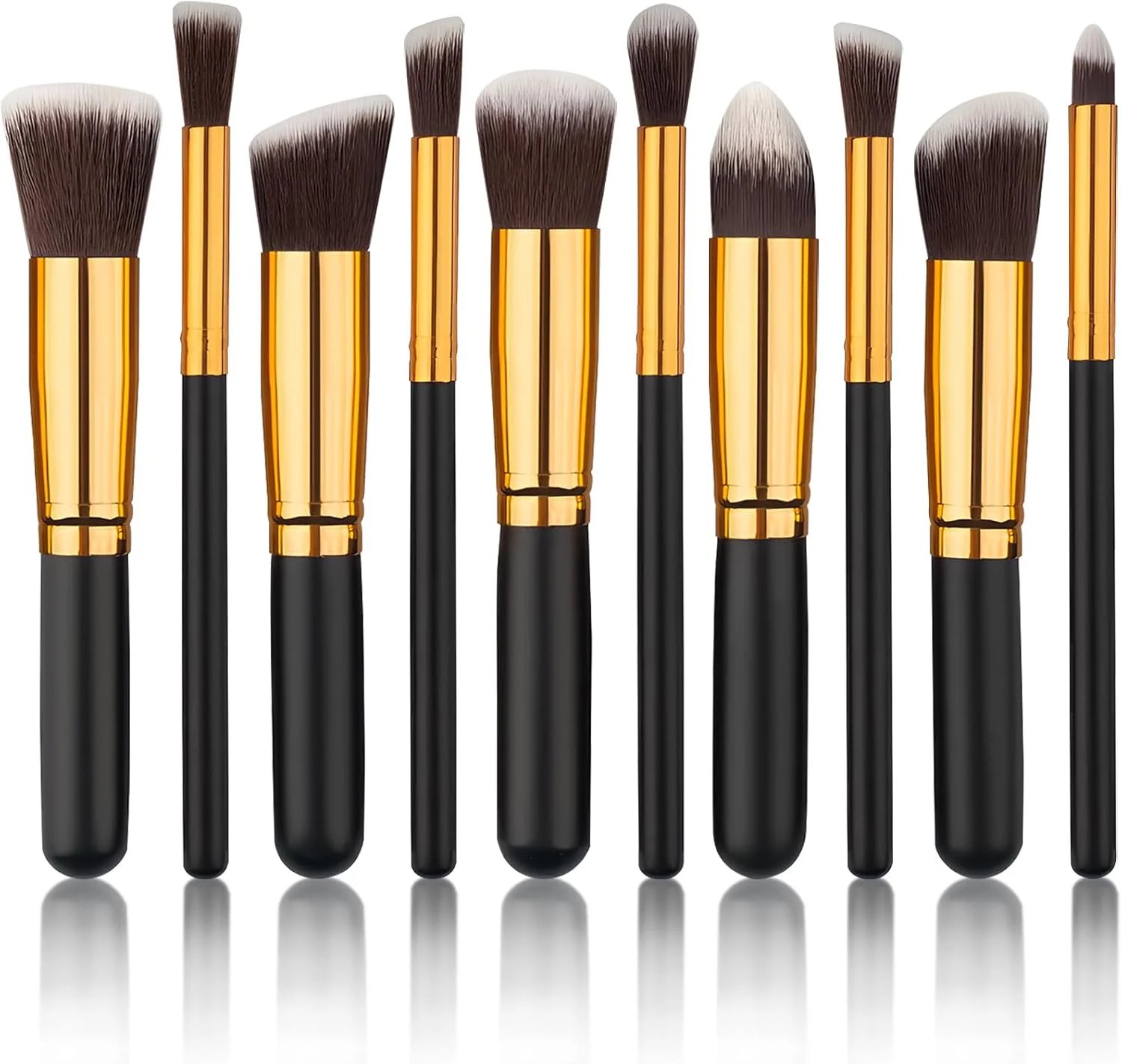 ست برس آرایشی مینی 10 عددی ممتاز مصنوعی: سایه چشم، پودر، ابرو، خط چشم، رژگونه، کرم پودر و کانسیلر - مشکی و طلایی