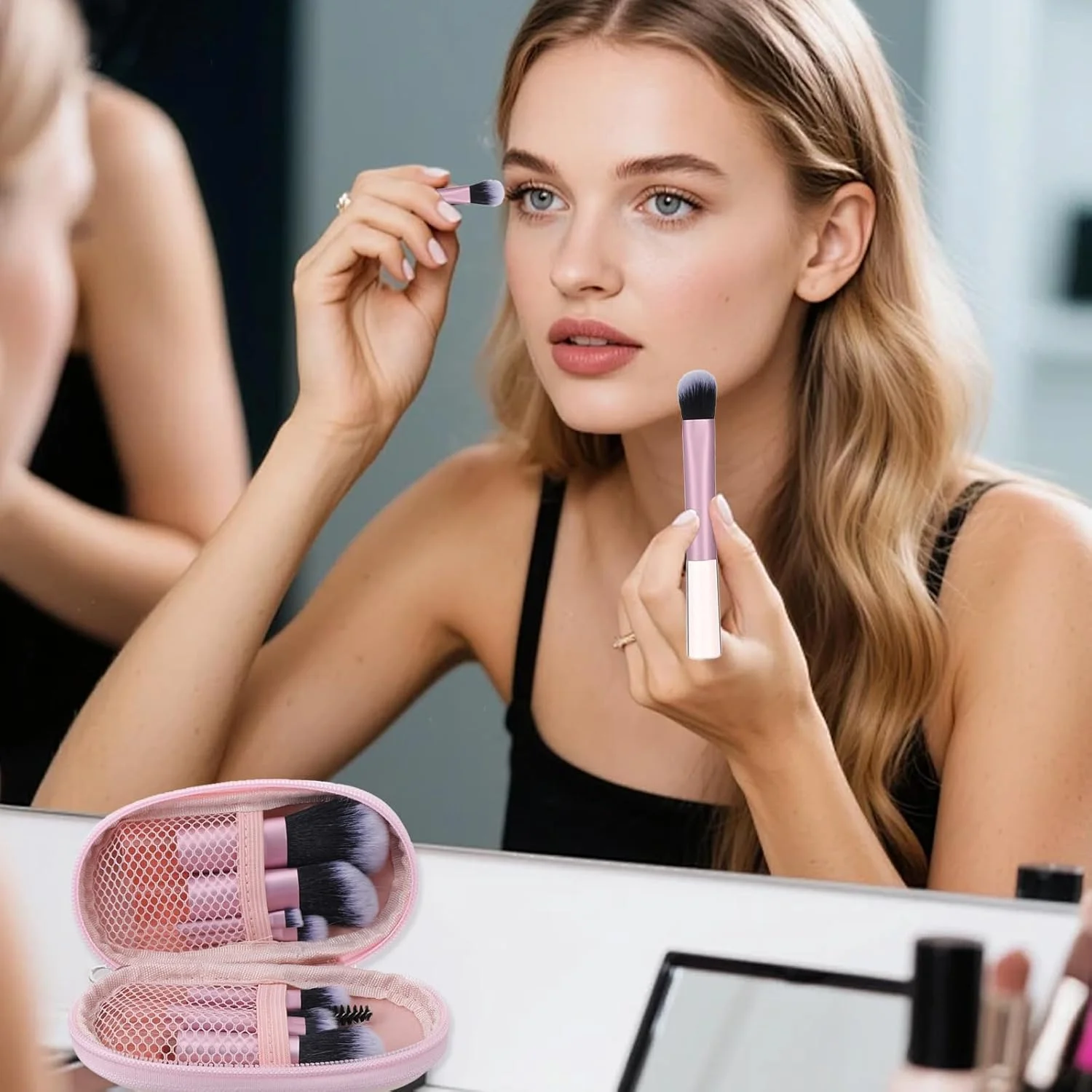 ست برس آرایشی مسافرتی کوچک 10 عددی با کیف صورتی، برس های آرایشی مسافرتی کوچک قابل حمل، برس های آرایشی حرفه ای، کیت لوازم ضروری مسافرتی برای رژگونه، پودر و سایه چشم ست برس آرایشی مسافرتی کوچک 10 عددی با کیف صورتی، برس های آرایشی مسافرتی کوچک قابل حمل، برس های آرایشی حرفه ای، کیت لوازم ضروری مسافرتی برای رژگونه، پودر و سایه چشم
