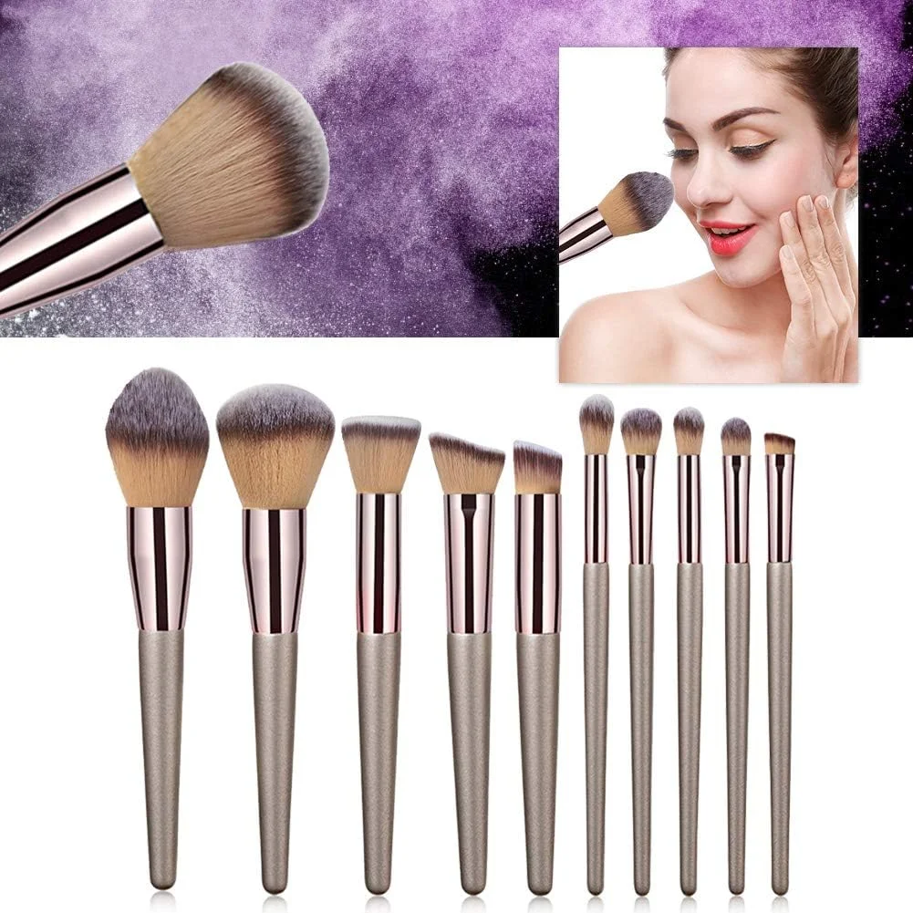ست برس آرایشی 10 عددی، کیت برس آرایشی حرفه ای، برس کرم پودر، سایه چشم، ابرو، رژگونه، ابزار آرایشی (طلایی شامپاین)
