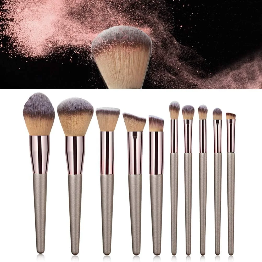 ست برس آرایشی 10 عددی، کیت برس آرایشی حرفه ای، برس کرم پودر، سایه چشم، ابرو، رژگونه، ابزار آرایشی (طلایی شامپاین)