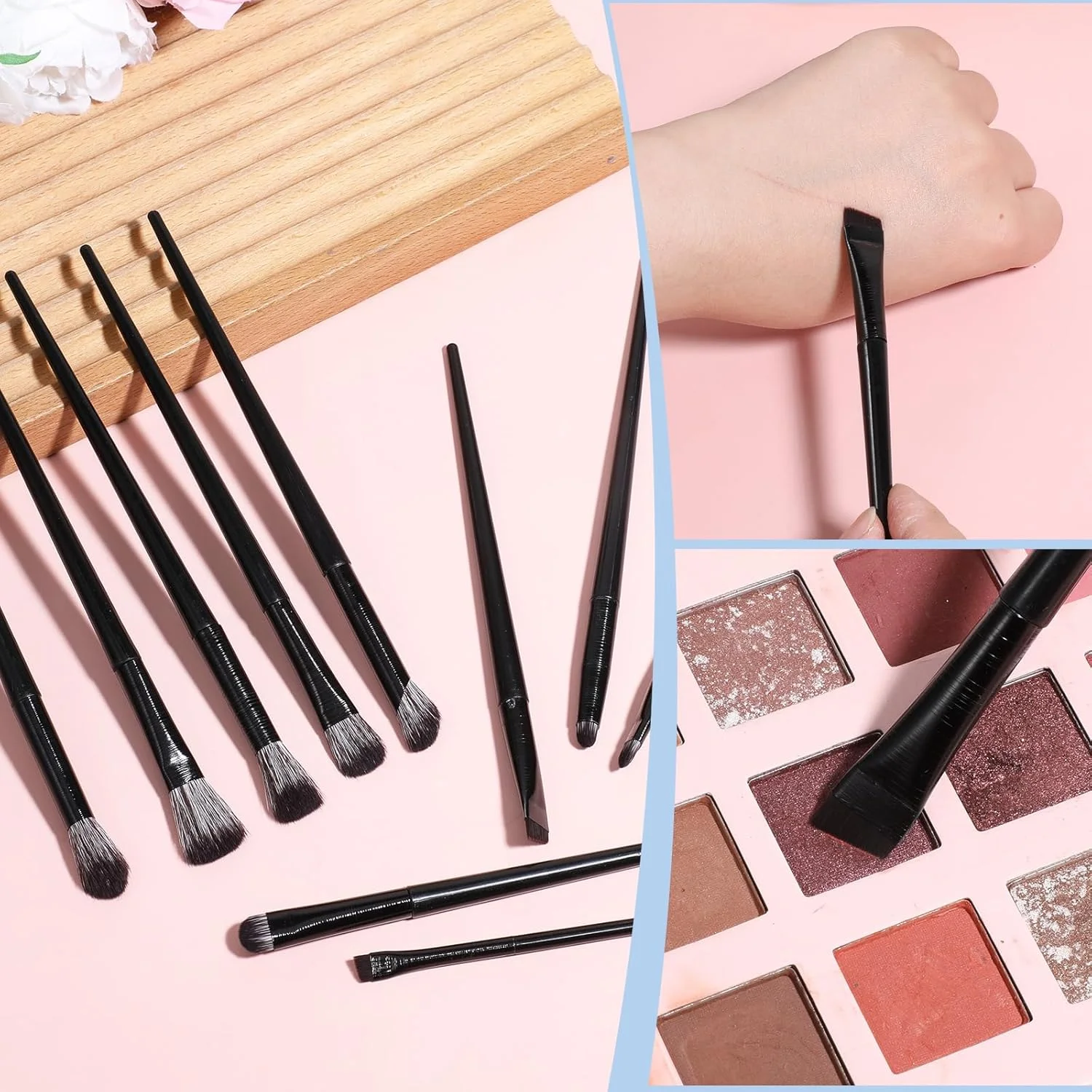 ست برس آرایشی چشم 10 عددی، برس کوچک پخش کننده برای خط چشم، ست برس آرایشی سایه چشم، برس حرفه ای چشم برای ابرو، خط چشم، کانسیلر و کرم پودر (مشکی)