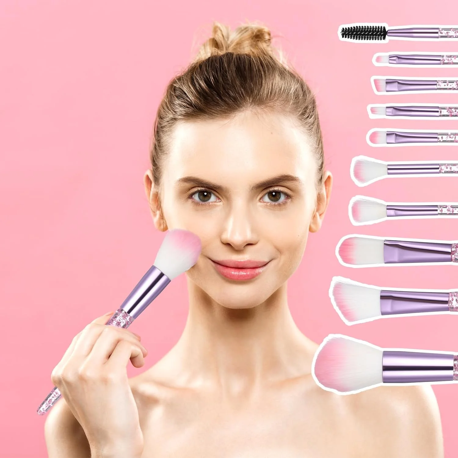 ست 10 عددی برس آرایشی اکلیلی کریستالی، ست برس سایه چشم، برس حرفه ای کانتورینگ فونداسیون رژگونه، ست برس آرایشی برای پودر هایلایتر رژگونه کانسیلر