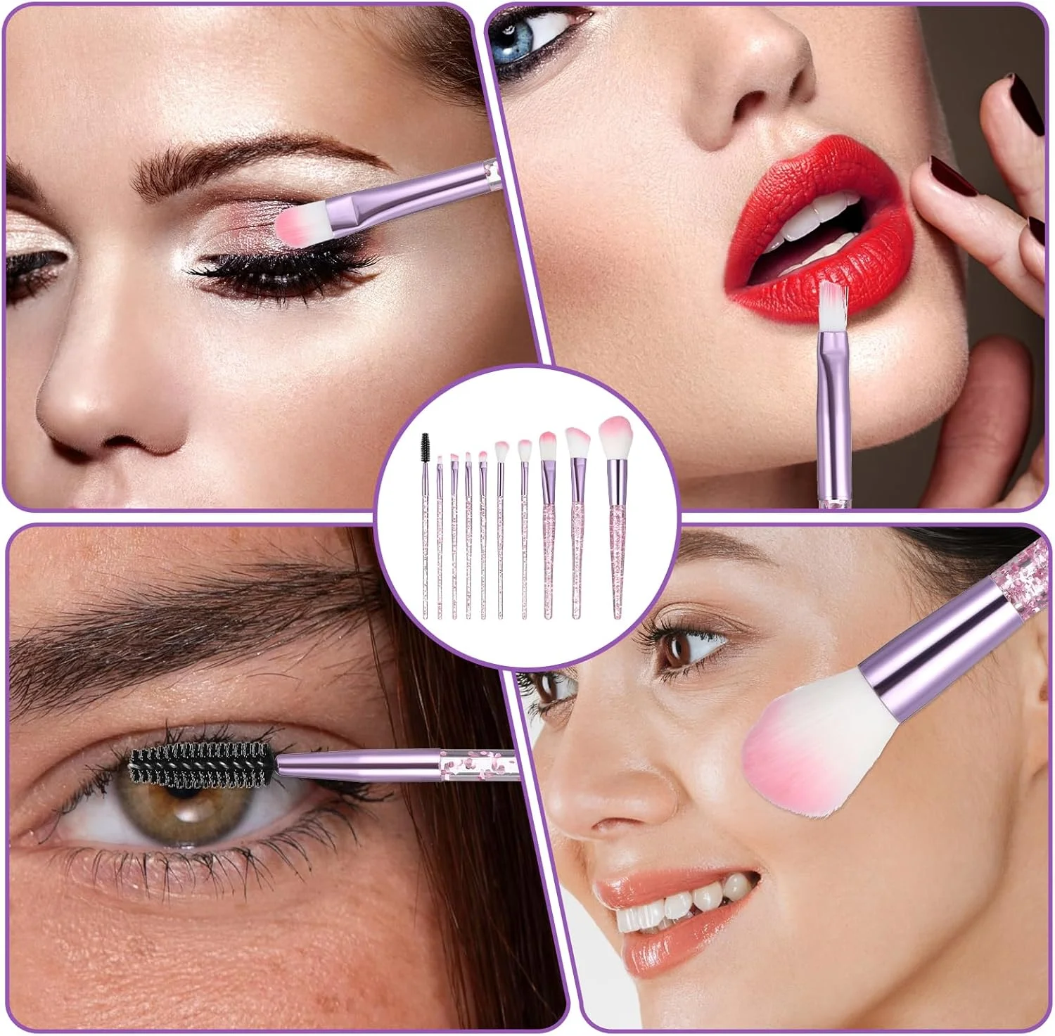 ست 10 عددی برس آرایشی اکلیلی کریستالی، ست برس سایه چشم، برس حرفه ای کانتورینگ فونداسیون رژگونه، ست برس آرایشی برای پودر هایلایتر رژگونه کانسیلر