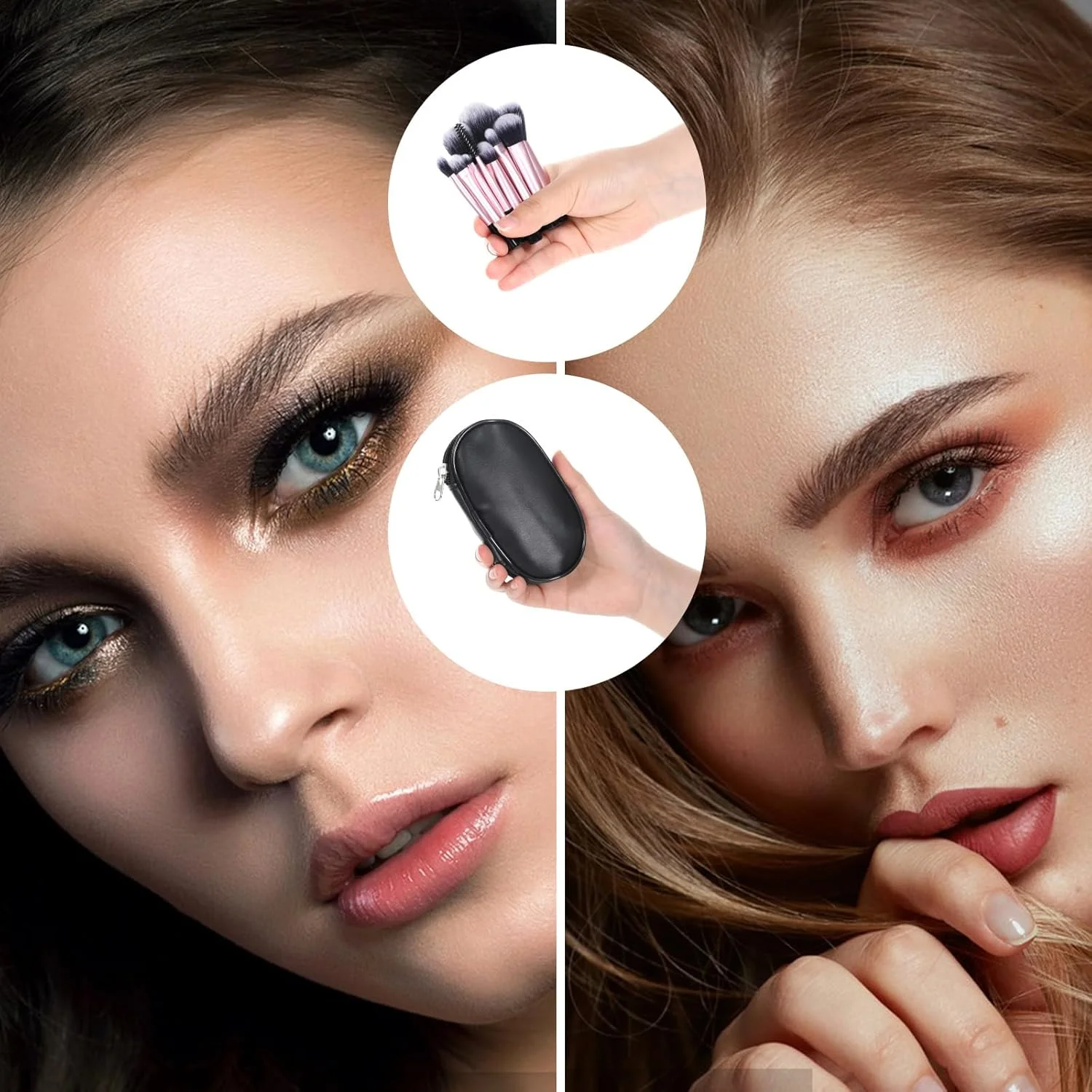 ست برس آرایشی مسافرتی 10 عددی، برس های آرایشی سایز مسافرتی قابل حمل با کیف، برس های آرایشی حرفه ای برای زنان و دختران، کیت های ضروری مسافرتی برای برس ها، رژگونه، پودر، سایه چشم