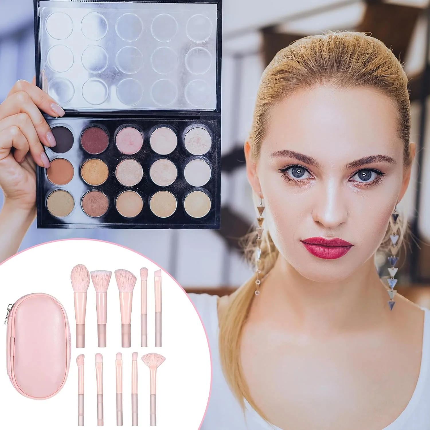 ست برس آرایشی مسافرتی 10 عددی، برس های کوچک آرایشی مسافرتی با کیف، برس های آرایشی حرفه ای صورتی، لوازم ضروری سفر برای زنان و دختران، برس رژگونه، پودر، سایه چشم