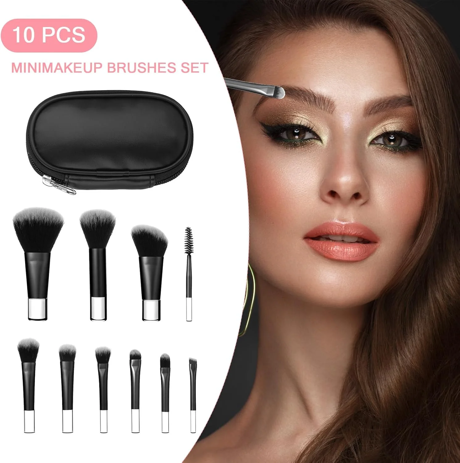 ست برس آرایشی مسافرتی 10 عددی مینی با کیف، برس های آرایشی مسافرتی مشکی قابل حمل برای کرم پودر، سایه چشم، پودر، رژگونه، کانتور و کانسیلر