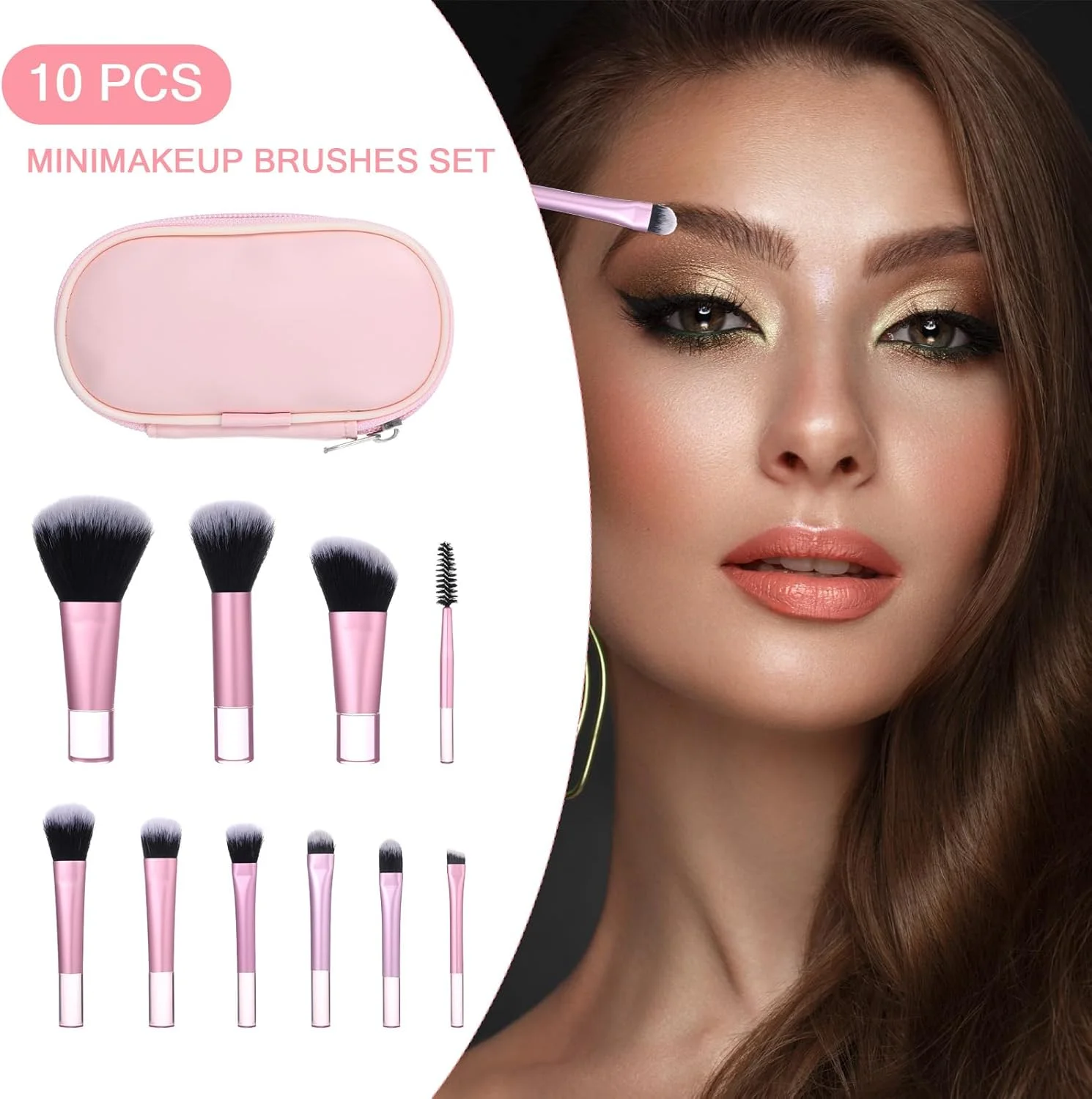 ست برس آرایشی مسافرتی 10 عددی مینی با کیف، برس های آرایشی مسافرتی صورتی قابل حمل برای کرم پودر، سایه چشم، پودر رژگونه، کانتور و کانسیلر