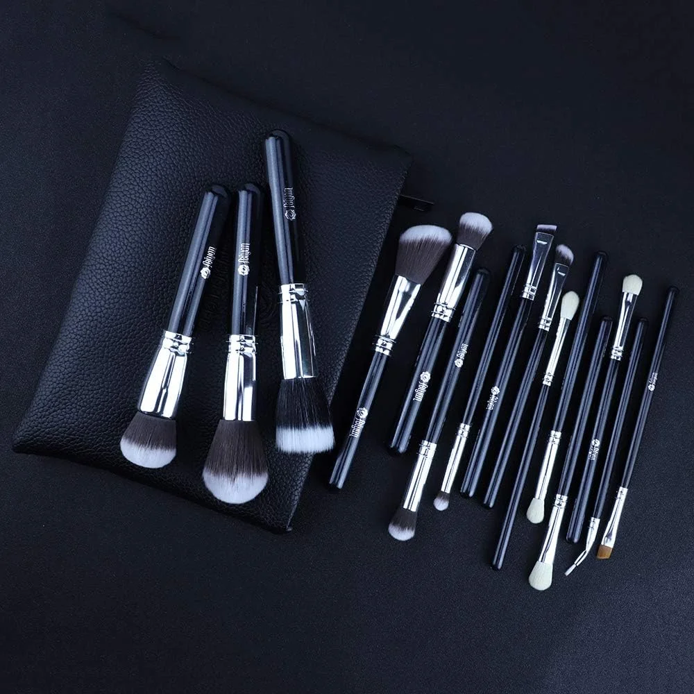 (مشکی نقره ای) - ست برس آرایشی FEIYAN Premium Luxury 15 تکه مشکی نقره ای حرفه ای نرم طبیعی بز موی مصنوعی لوازم آرایشی کابوکی کرم پودر ترکیب صورت سایه چشم برس پودر با ...