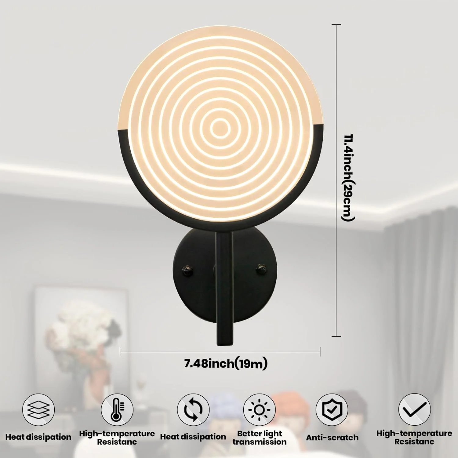 چراغ دیواری LED مدل YT YATAI LIGHTING، چراغ دیواری تزئینی 12 وات اکریلیک، چراغ دیواری گرد مدرن با قابلیت تنظیم دمای رنگ در 3 حالت برای اتاق نشیمن، اتاق خواب، راهرو، پله ها و بالکن
