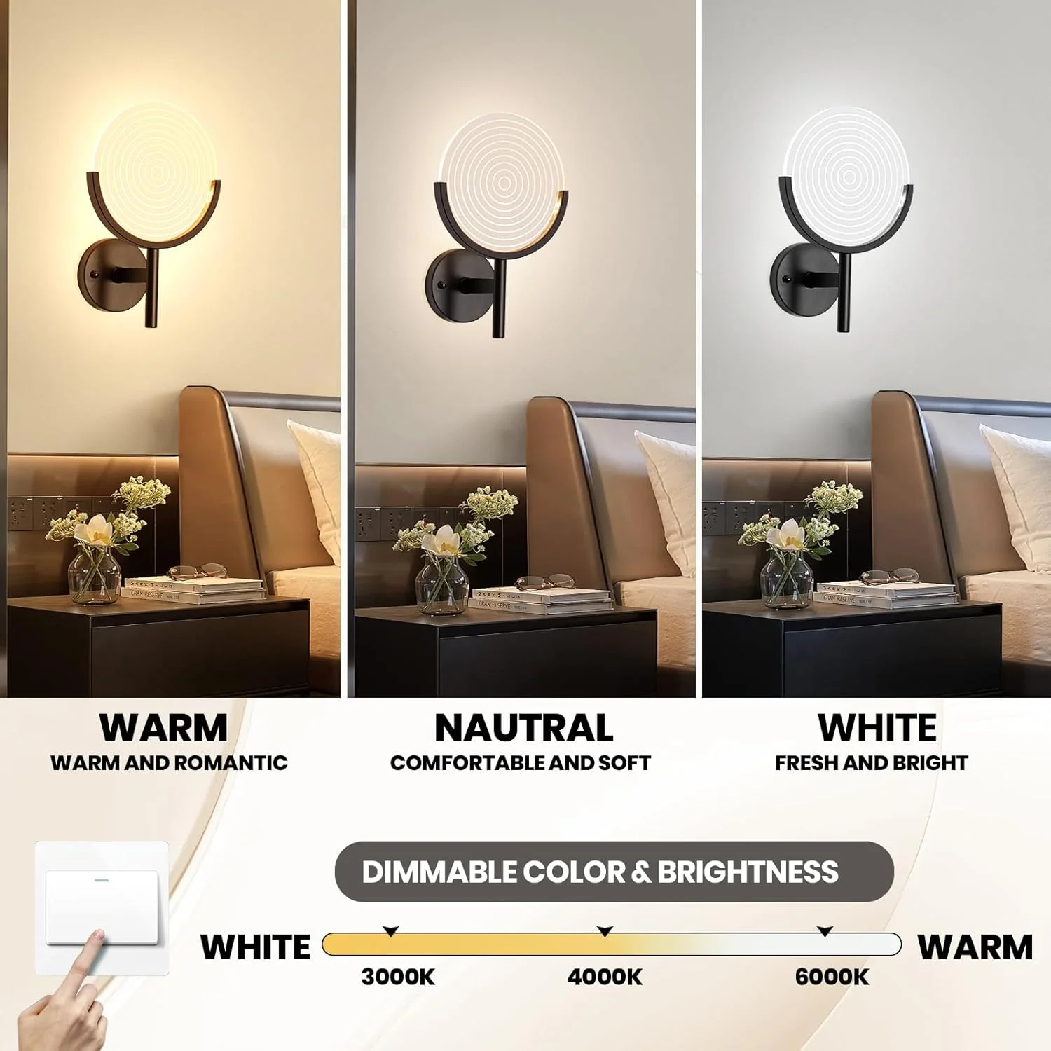 چراغ دیواری LED مدل YT YATAI LIGHTING، چراغ دیواری تزئینی 12 وات اکریلیک، چراغ دیواری گرد مدرن با قابلیت تنظیم دمای رنگ در 3 حالت برای اتاق نشیمن، اتاق خواب، راهرو، پله ها و بالکن