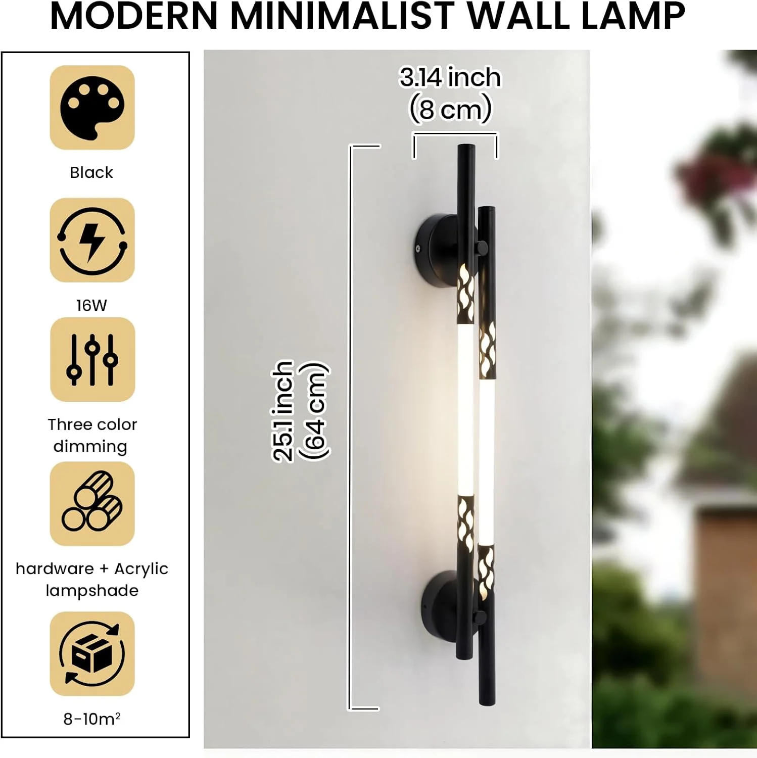 چراغ دیواری ال ای دی مدرن YATAI، چراغ دیواری خطی مشکی 64 سانتی متری با کنترل سوئیچ، کم نور 3 رنگ 16 وات (3000K-6000K) برای اتاق خواب، اتاق نشیمن، میز آرایش و راهرو