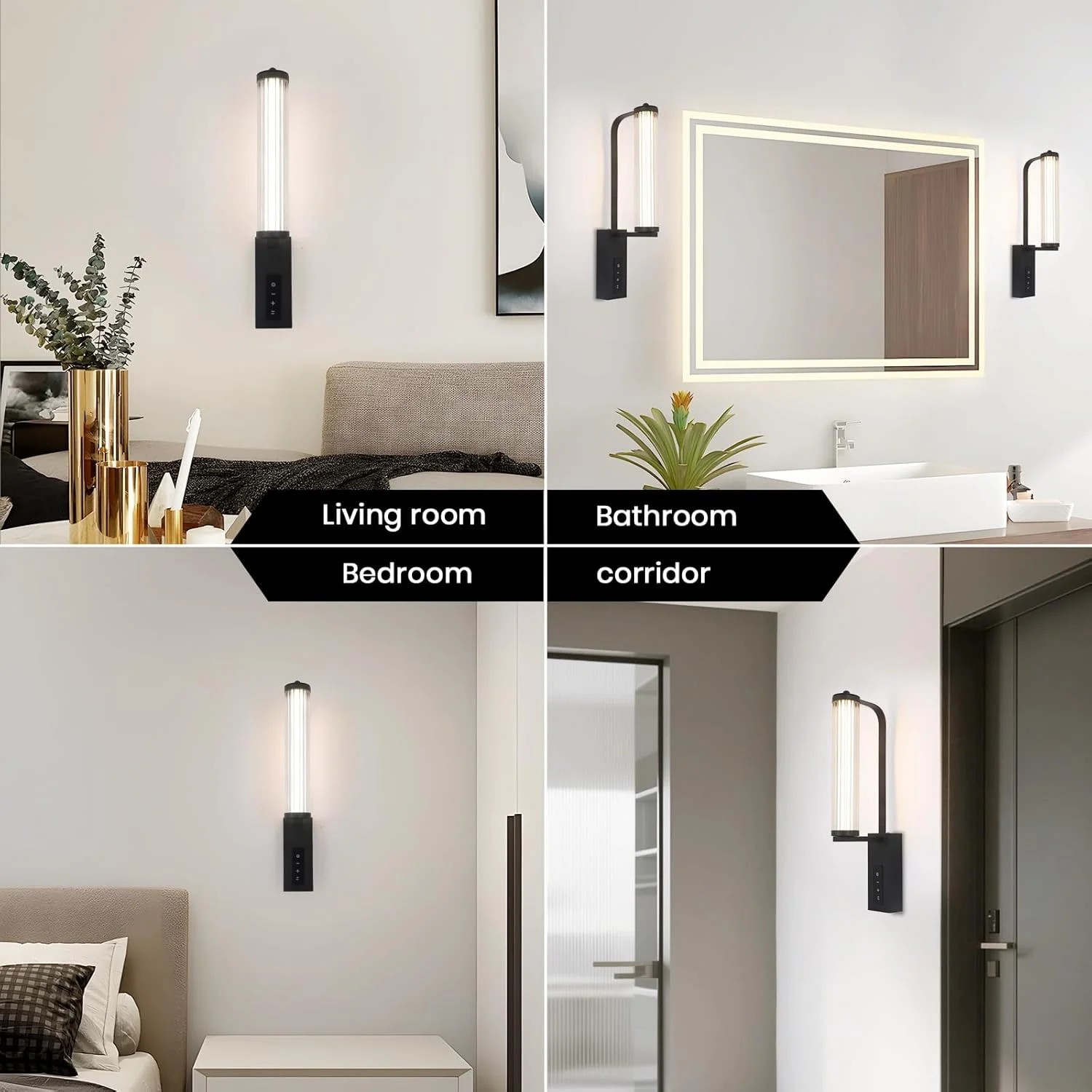 چراغ دیواری مدرن LED مشکی YATAI، 40 سانتی متری، 4 وات، سه رنگ قابل تنظیم با کلید لمسی، چراغ باریک آلومینیومی و اکریلیک مناسب برای اتاق خواب، کنار تخت، راهرو، اتاق غذاخوری و نشیمن، 3000K–6000K