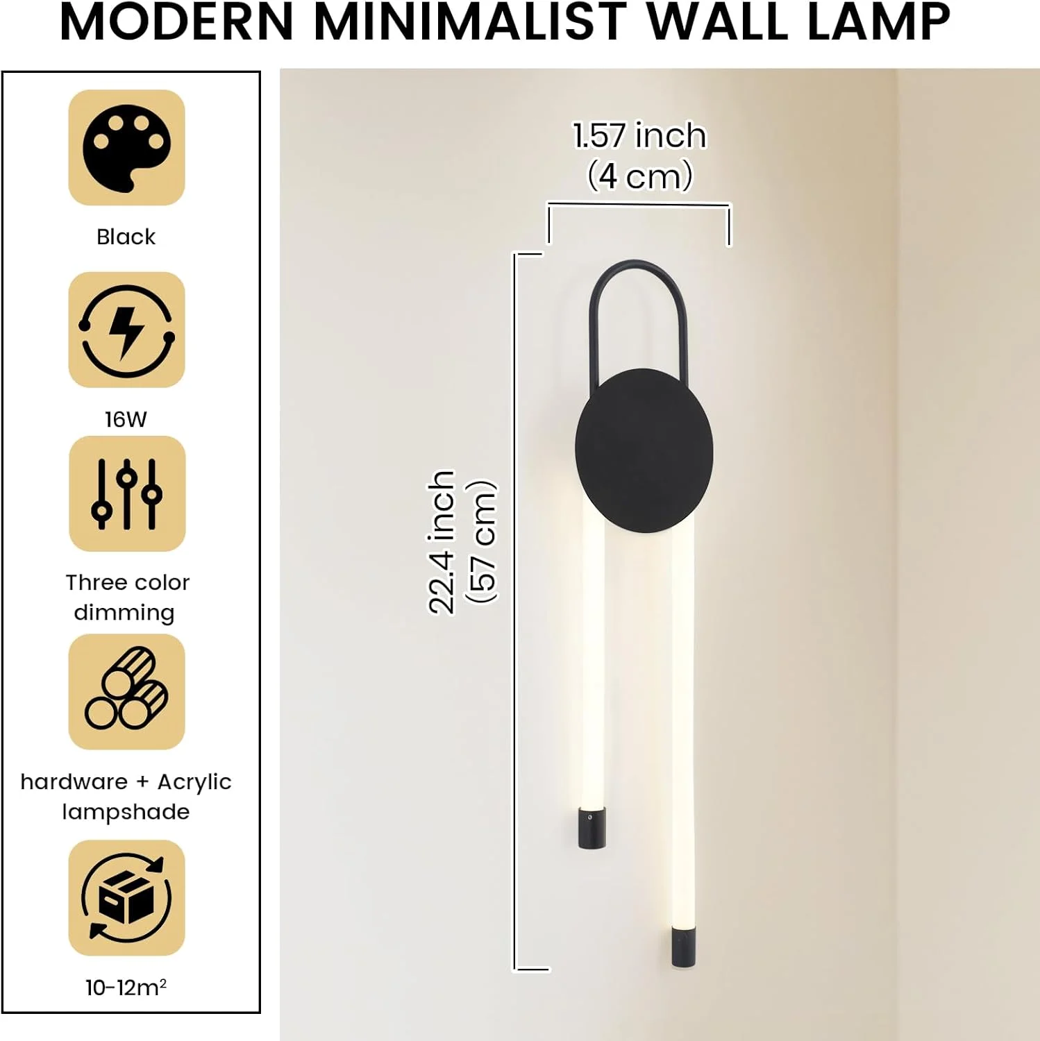چراغ دیواری LED مدرن مشکی YATAI، چراغ دیواری 16 واتی سه رنگ با قابلیت تنظیم نور، نور گرم/خنثی/سفید قابل تنظیم با کنترل سوئیچ، فیکسچر آلومینیومی و اکریلیک مینیمالیستی برای اتاق خواب، راهرو، اتاق نشیمن چراغ دیواری LED مدرن مشکی YATAI، چراغ دیواری 16 واتی سه رنگ با قابلیت تنظیم نور، نور گرم/خنثی/سفید قابل تنظیم با کنترل سوئیچ، فیکسچر آلومینیومی و اکریلیک مینیمالیستی برای اتاق خواب، راهرو، اتاق نشیمن