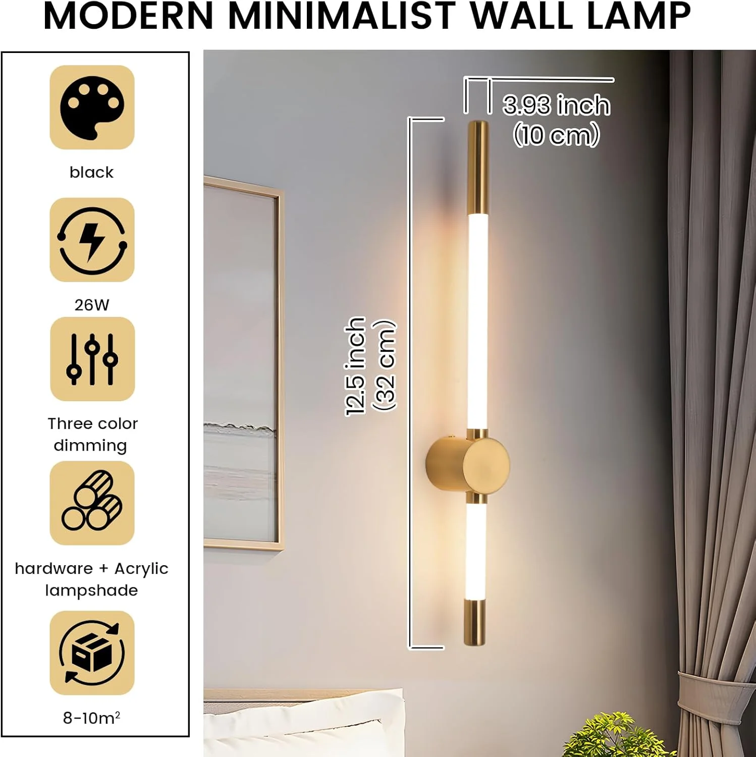 چراغ دیواری LED یاتای برای کنار تخت، اتاق خواب و اتاق نشیمن - چراغ های دیواری دیمر دار با قابلیت تنظیم 3 رنگ - شکل نوار خطی طلایی مدرن چراغ دیواری LED یاتای برای کنار تخت، اتاق خواب و اتاق نشیمن - چراغ های دیواری دیمر دار با قابلیت تنظیم 3 رنگ - شکل نوار خطی طلایی مدرن