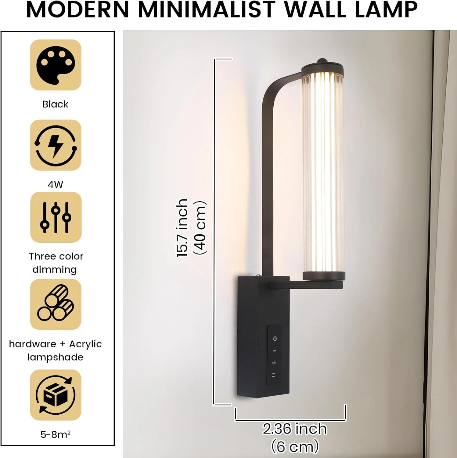 چراغ دیواری مدرن LED مشکی YATAI، 40 سانتی متری، 4 وات، سه رنگ قابل تنظیم با کلید لمسی، چراغ باریک آلومینیومی و اکریلیک مناسب برای اتاق خواب، کنار تخت، راهرو، اتاق غذاخوری و نشیمن، 3000K–6000K