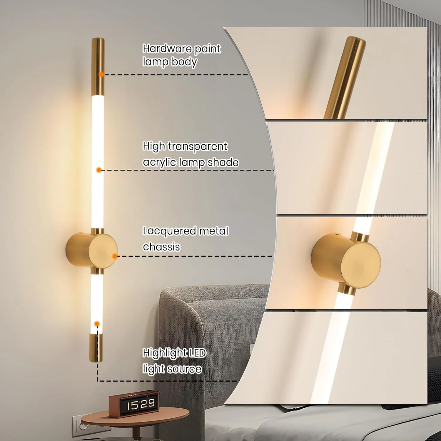 چراغ دیواری LED یاتای برای کنار تخت، اتاق خواب و اتاق نشیمن - چراغ های دیواری دیمر دار با قابلیت تنظیم 3 رنگ - شکل نوار خطی طلایی مدرن چراغ دیواری LED یاتای برای کنار تخت، اتاق خواب و اتاق نشیمن - چراغ های دیواری دیمر دار با قابلیت تنظیم 3 رنگ - شکل نوار خطی طلایی مدرن