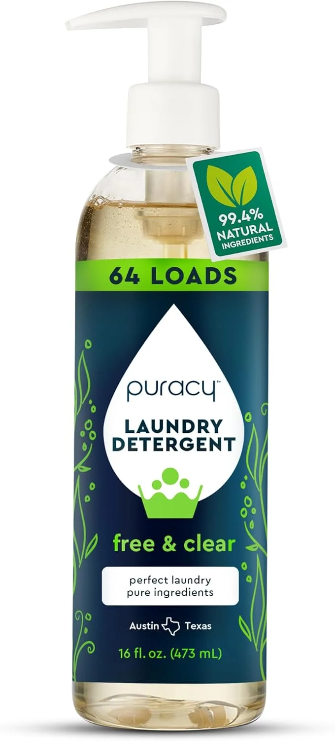 مایع لباسشویی غلیظ Puracy - حجم 1.9 لیتر، 256 بار شستشو - ملایم برای پوست های حساس - بدون عطر و رنگ، مایع لباسشویی طبیعی - کیسه مایع لباسشویی غلیظ با آنزیم های لکه بر